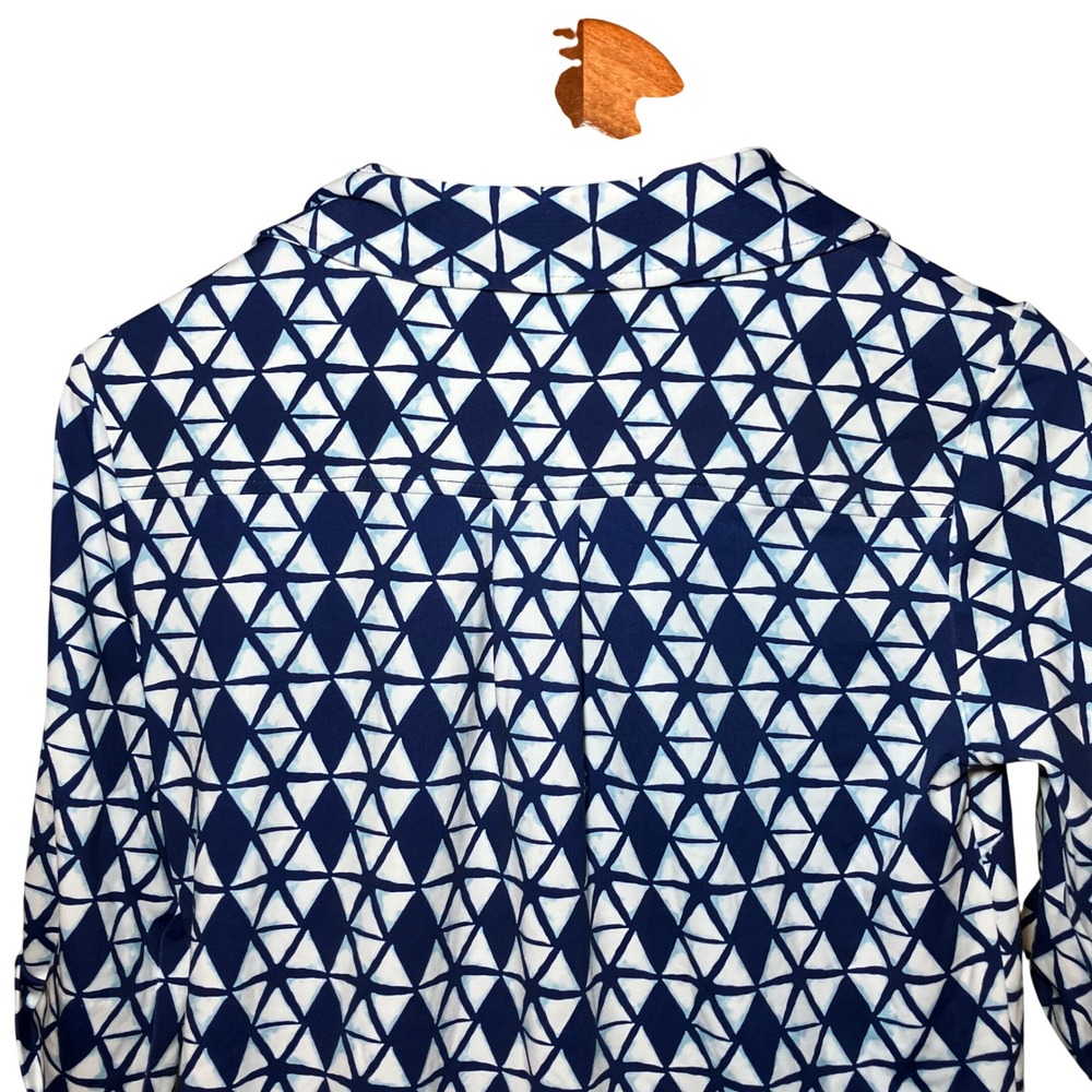 J.McLaughlin Shirt Dress Women S Navy White Geometric Triangle Roll Tab Sleeve - Picture 10 of 11